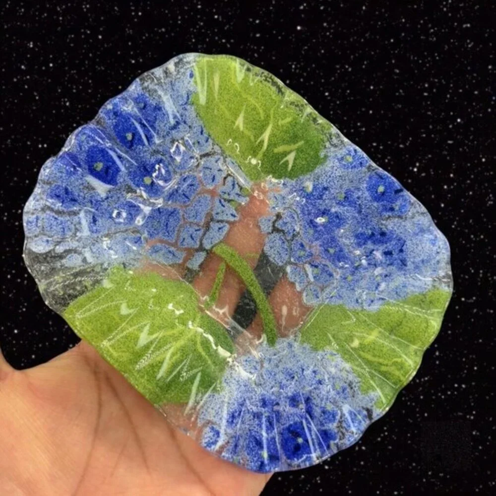 Fused Art Glass Dish Plate‎ Ruffled Edges Blue Flowers Glass Trinket Dish 6”Wide